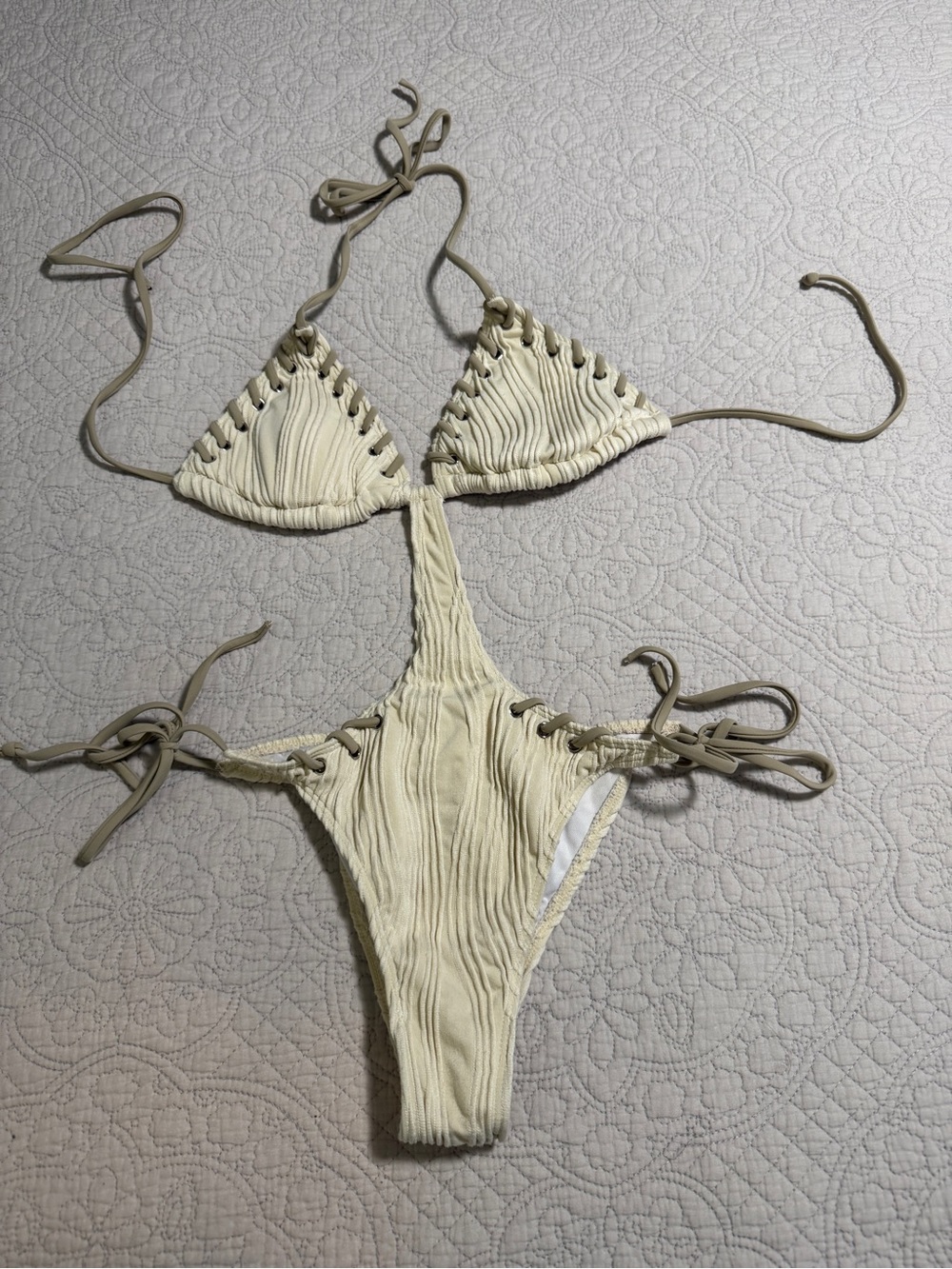 Women’s  Cream Textured One-Piece backless monokini Swimsuit with Tie Details